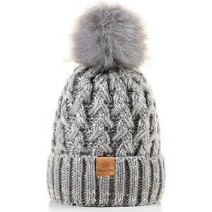 Women’s Mixed Light Grey Winter Ribbed Beanie Hat Chunky Cable Knit Pompom Warm